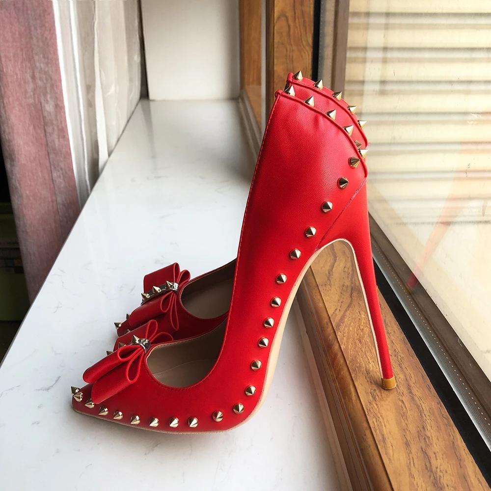 Red Matte Pointy Toe High Heel Shoes With Bow Spikes Rivets Stiletto Pumps For Women