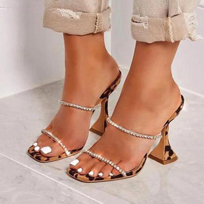 Summer Slippers Women Fashion Open Toe Crystal High Heels Leopard Sandals