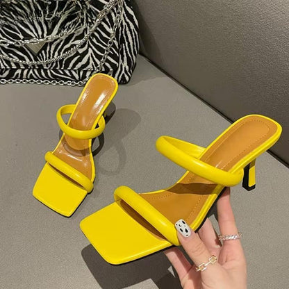 Yellow White Thin Heels Slippers Sandals For Women