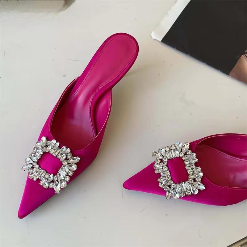 Autumn Metal Crystal Silk Slippers Women Pointed Toe Stripper High Heels
