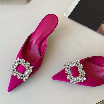 Autumn Metal Crystal Silk Slippers Women Pointed Toe Stripper High Heels