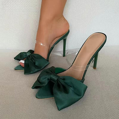 Silk Butterfly-Knot Slippers Mule High Heels Sandals For Women