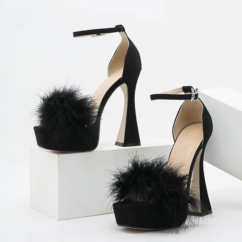 Faux Fur Chunky High Heels Sandals