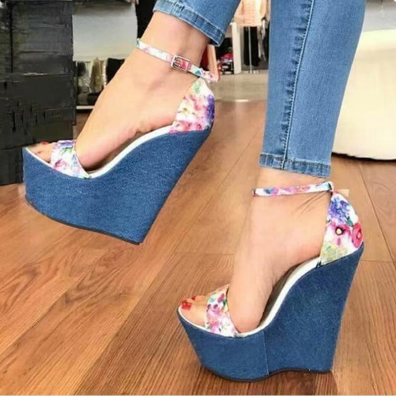 Print Denim Roman Wedges High Heels Sandals For Women By Fashion Designer