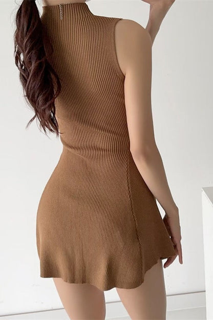 Sleeveless Solid Ribbed Fitted A-Line Sweater Dress