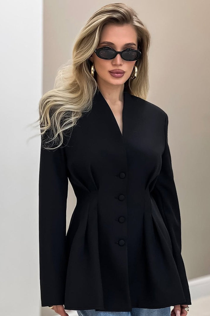 Pleated Waist Stand Collar Blazer