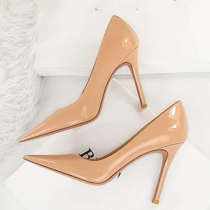 Patent Leather Woman Pumps With Pointed Toe High Heels For Office Wear Nude / 34