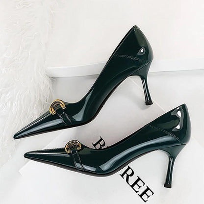 7Cm Heels Metal Buckle Women Pumps In Patent Leather Kitten Style Green / 34