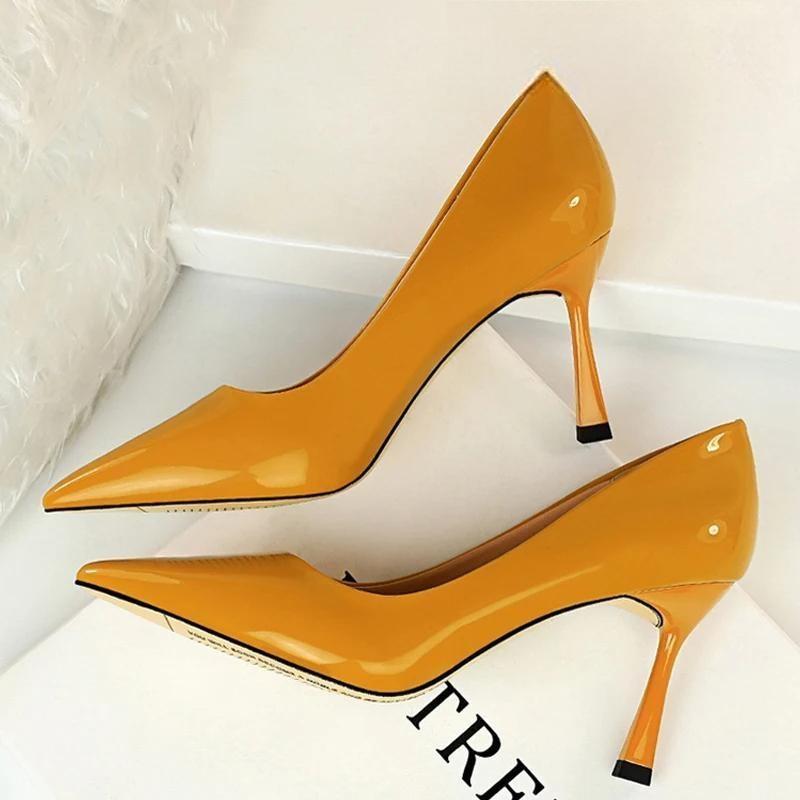 Patent Leather Pointed Toe Stiletto Pumps For Women Office Wear 627-3-Yellow / 34