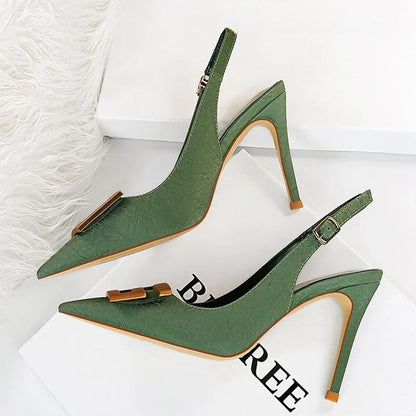 Metal Square Buckle High Heel Stiletto Pumps For Women Pointed Toe Sexy Party Shoes Green-9.5Cm / 34