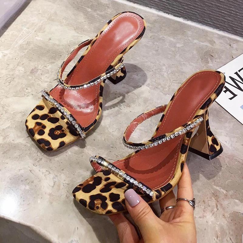 Summer Slippers Women Fashion Open Toe Crystal High Heels Leopard Sandals