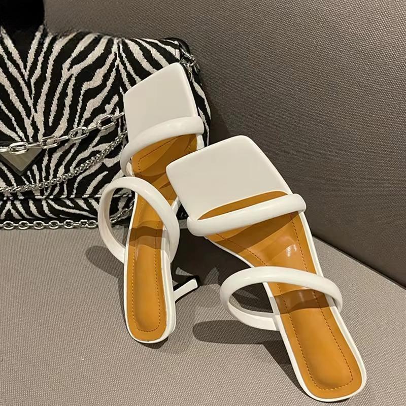 Yellow White Thin Heels Slippers Sandals For Women