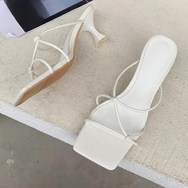 Summer Gold Slipper Low Heel Slides Peep Toe Sandal With Square