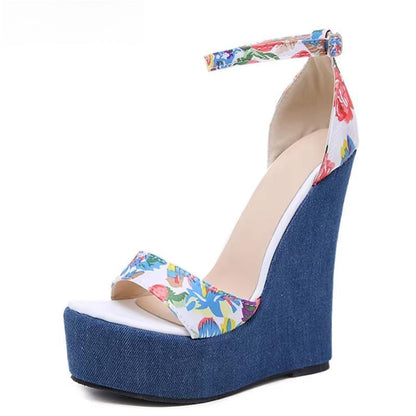 Print Denim Roman Wedges High Heels Sandals For Women By Fashion Designer