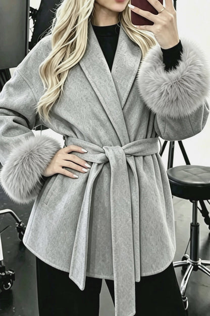 Fur Cuff Belted Wrap Coat