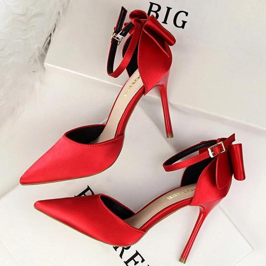 Satin Bow-Knot High Heels Women Pumps For Sexy Wedding Stiletto Red-10Cm / 35