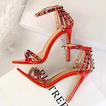 Rivets Women Sandals Roman Style Heeled Red / 34