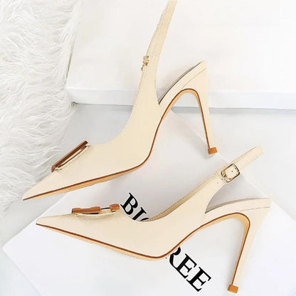 Metal Square Buckle High Heel Stiletto Pumps For Women Pointed Toe Sexy Party Shoes White-9.5Cm / 34