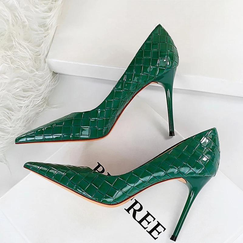 Woven Pattern Patent Leather Woman Pumps High Heels Green / 34