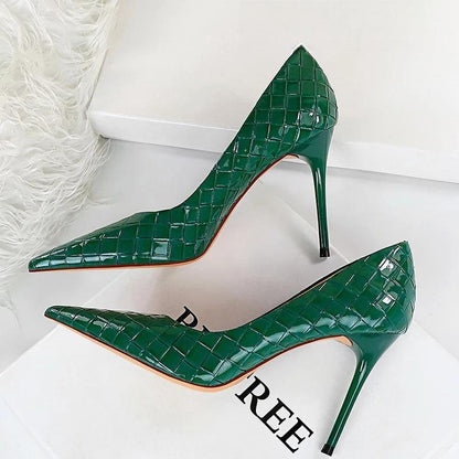 Woven Pattern Patent Leather Woman Pumps High Heels Green / 34