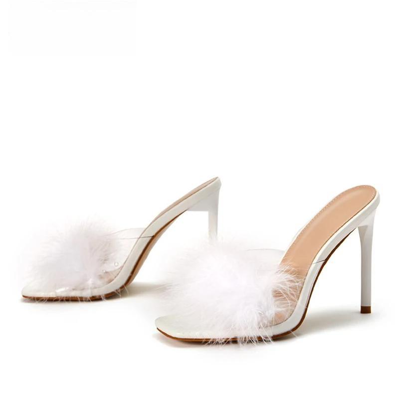 Feather Thin Heels Fur Pvc Slippers Sandals For Women