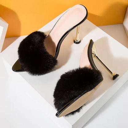 Faux Fur Women Mule High Heels Slippers Sandals