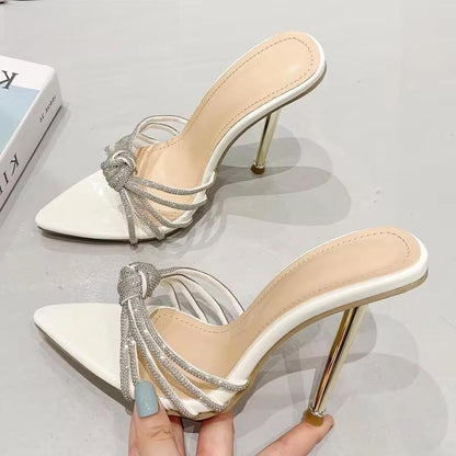 Crystal High Heel Slipper For Women Summer Fashion With Narrow Band And Pointed Toe