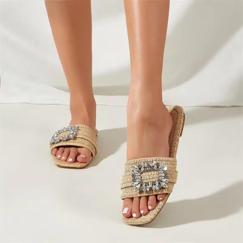 Summer Glitter Rhinestone Women Sandals With Flat Bottom