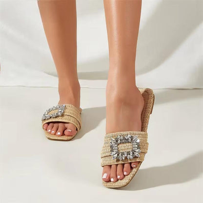 Summer Glitter Rhinestone Women Sandals With Flat Bottom