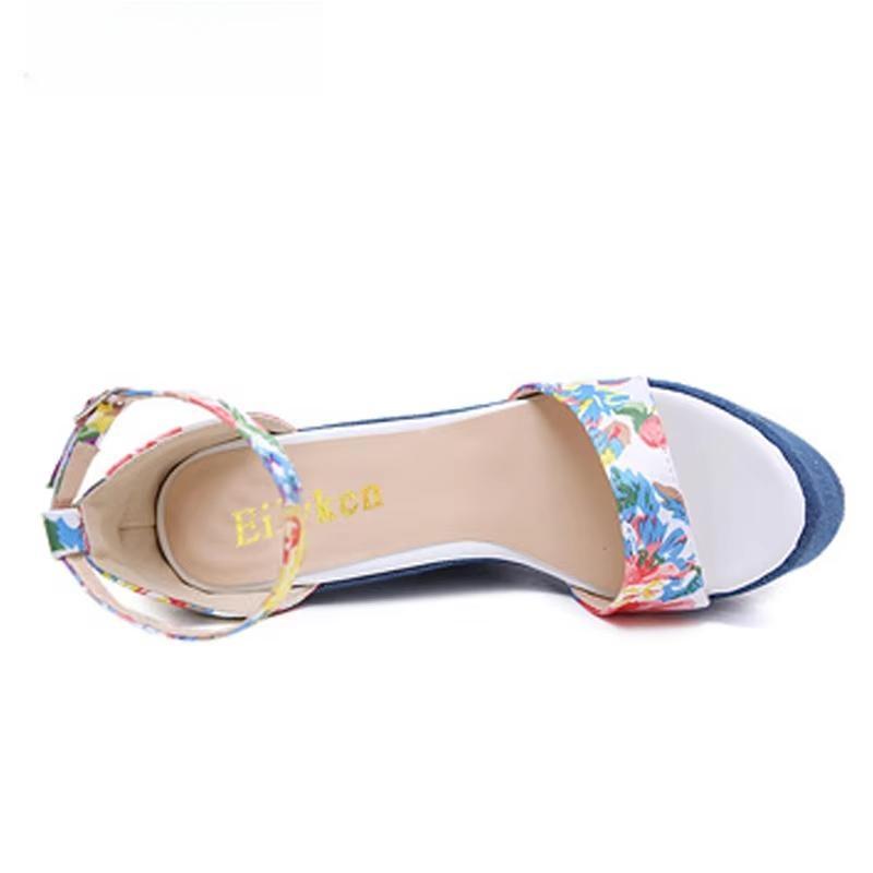 Print Denim Roman Wedges High Heels Sandals For Women By Fashion Designer