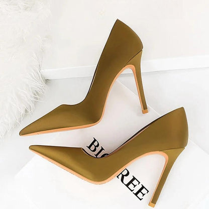 High Heels Women Pumps Pointed Shoes Lady Silks Satins Blackish Green / 34