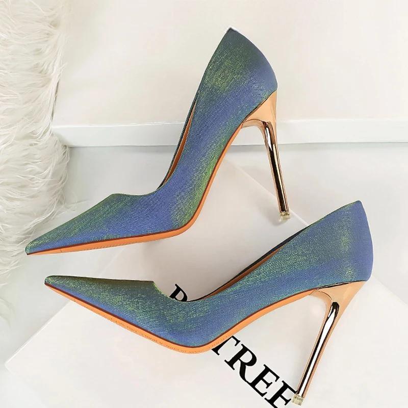 Satin Cloth Stiletto High Heel Women Pumps Blue-10.5Cm / 34