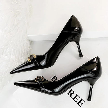 7Cm Heels Metal Buckle Women Pumps In Patent Leather Kitten Style Black / 34