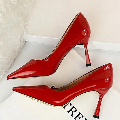 Patent Leather Pointed Toe Stiletto Pumps For Women Office Wear 627-3-Red / 34