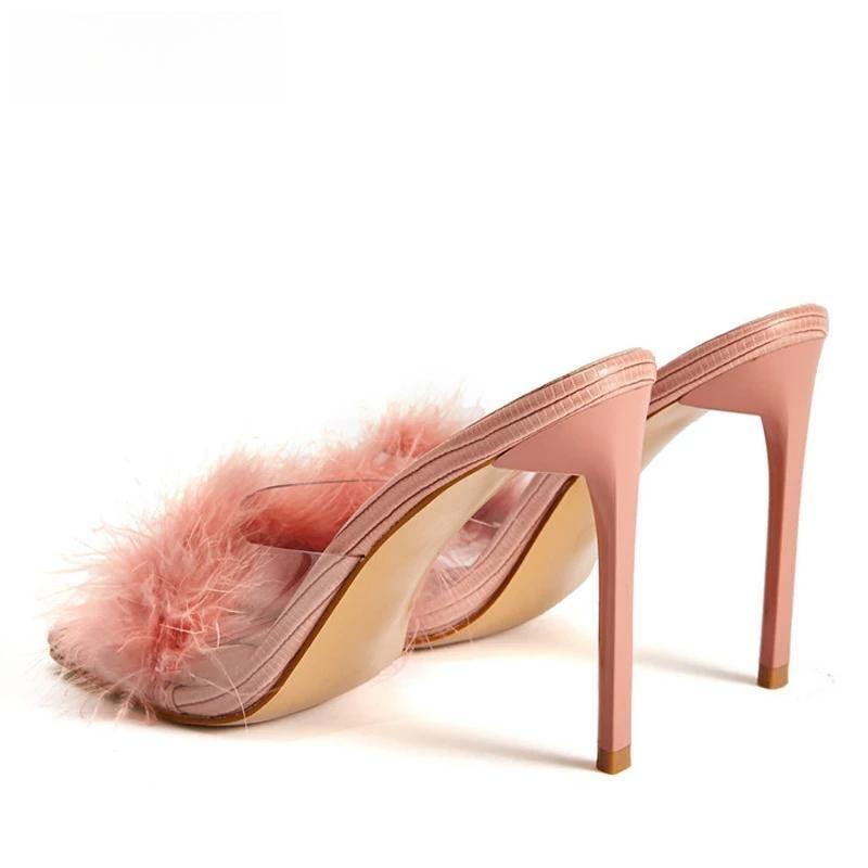 Feather Thin Heels Fur Pvc Slippers Sandals For Women