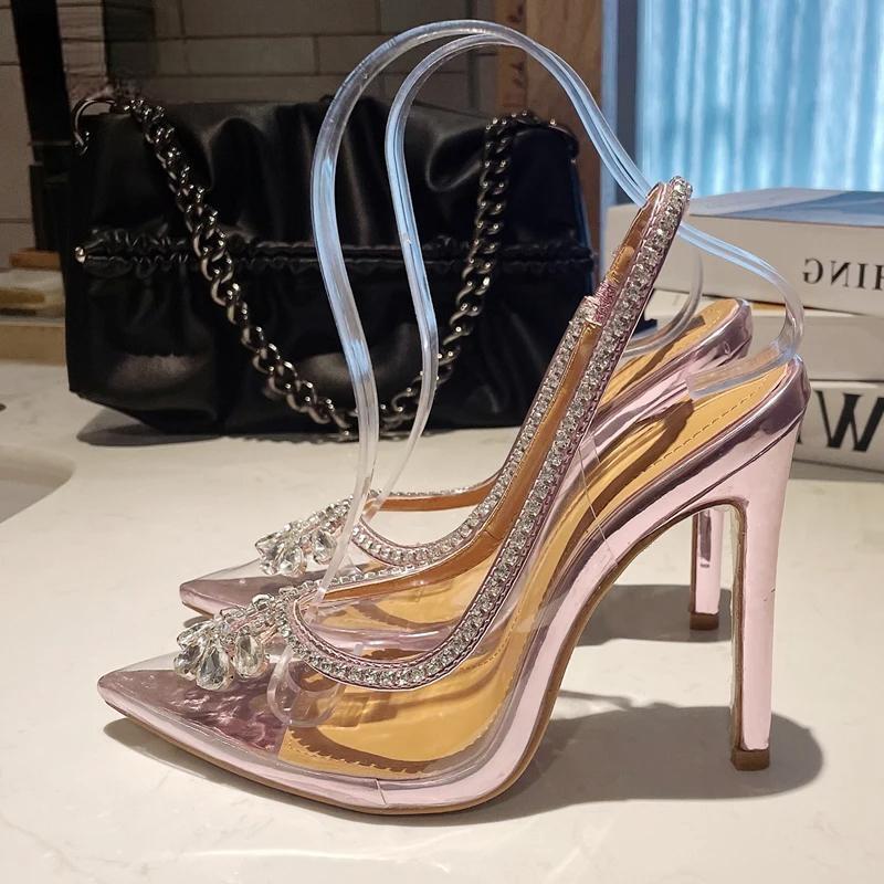 Clear Rhinestone Women Sandals Pumps With Hollow Out Slingbacks And High Heels