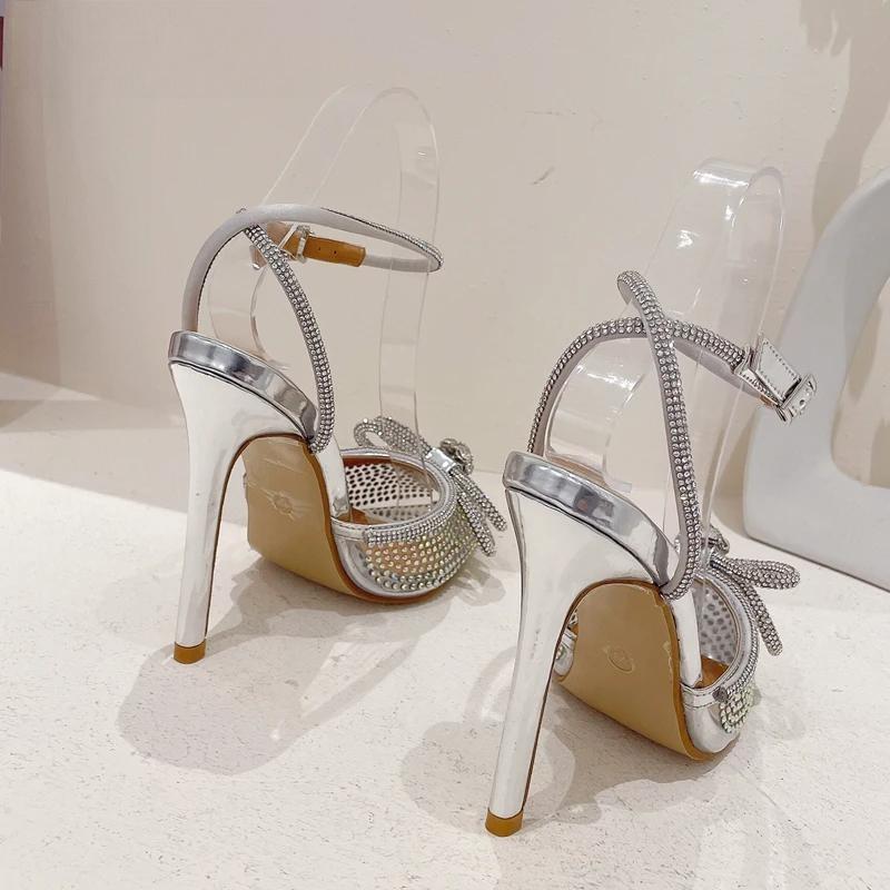 Transparent Silver Crystal Women Pumps With Ankle Strap And Thin High Heels