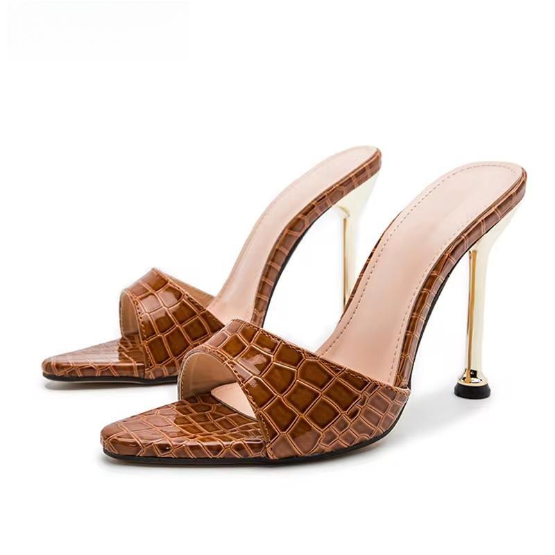 Snake Print Strappy Mule Thin High Heel Slippers Sandals For Women