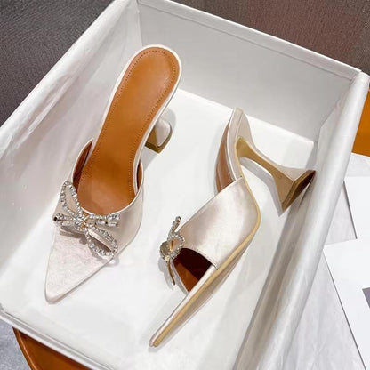 Butterfly-Knot Crystal Thick Heel Slippers