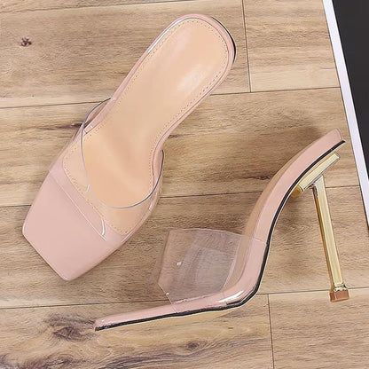 Transparent Pvc Square Toe High Heel Slippers Pumps Mules Sandals For Women Lady