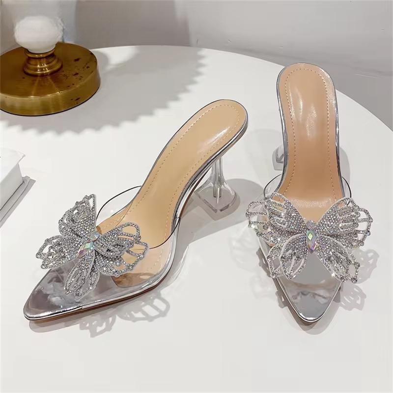 Crystal Bowknot Women Slippers With Sexy Pointed Toe And Strange Heels