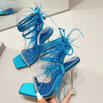 Womens Fuzzy Feather Transparent High Heel Sandals For Summer Fashion
