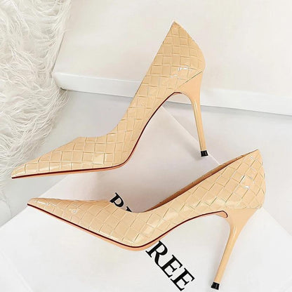 Woven Pattern Patent Leather Woman Pumps High Heels Apricot / 34