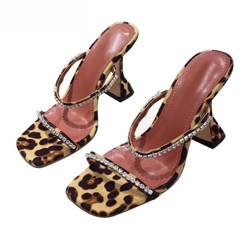 Summer Slippers Women Fashion Open Toe Crystal High Heels Leopard Sandals