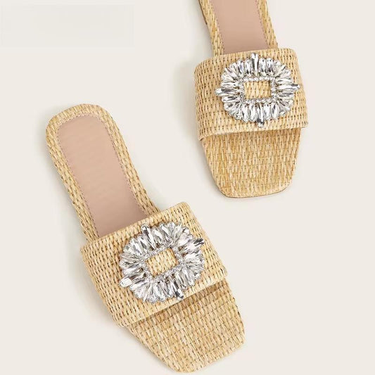 Sparkling Rhinestone Women’s Slippers With Flat Bottom And Crystal Sandals Apricot / 35