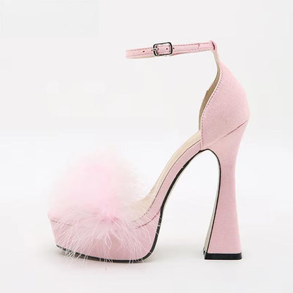 Faux Fur Chunky High Heels Sandals