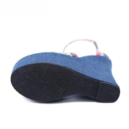 Print Denim Roman Wedges High Heels Sandals For Women By Fashion Designer