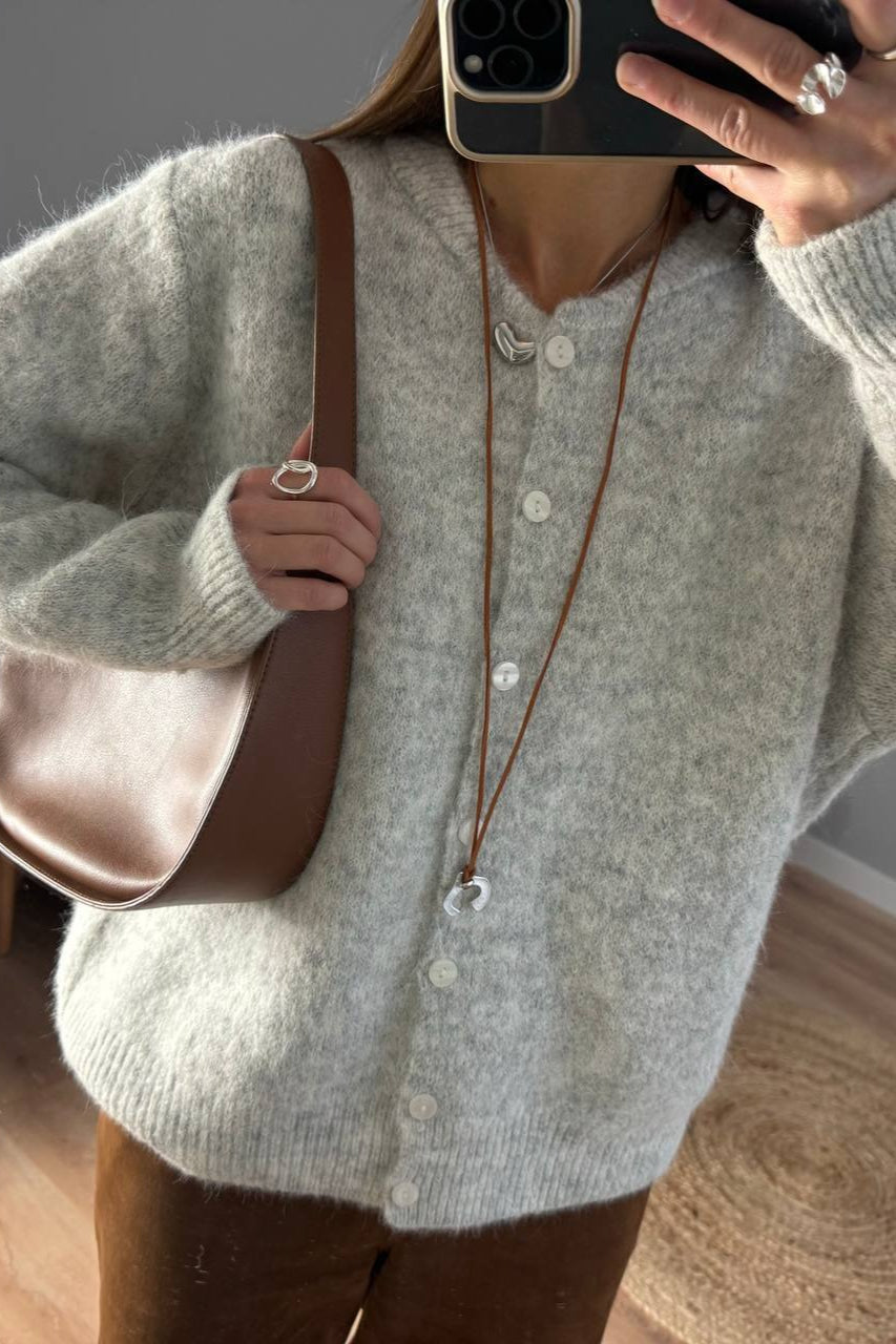 Textured Crew Neck Button Up Knit Cardigan