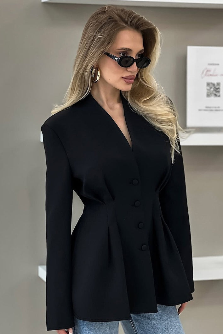 Pleated Waist Stand Collar Blazer