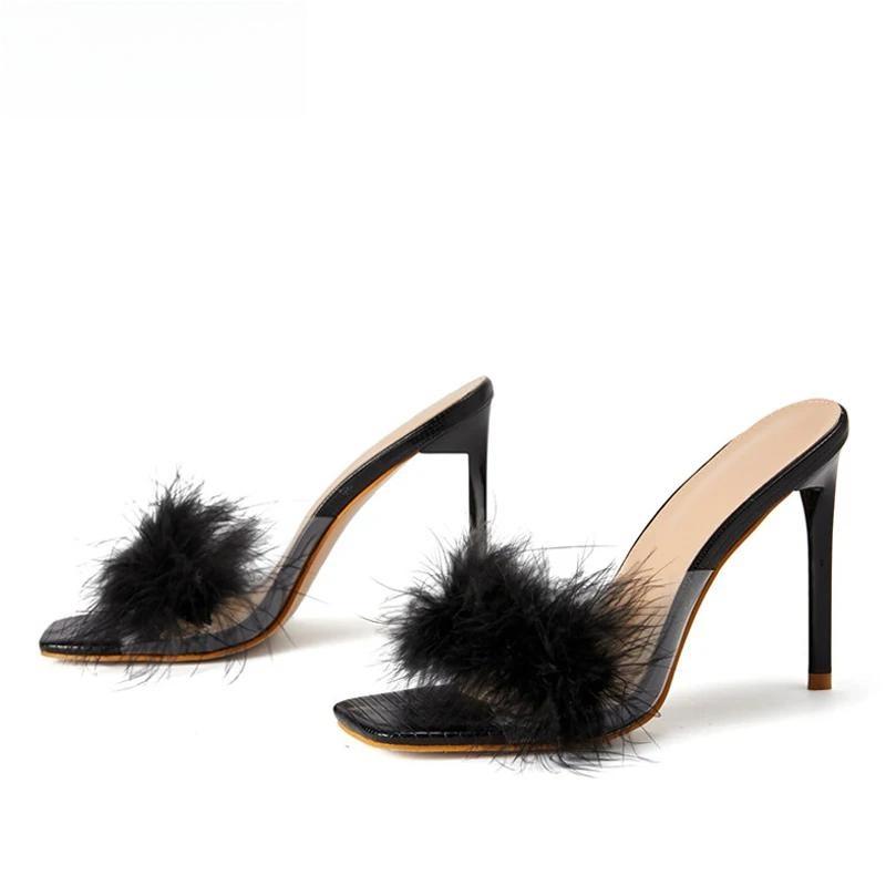 Feather Thin Heels Fur Pvc Slippers Sandals For Women
